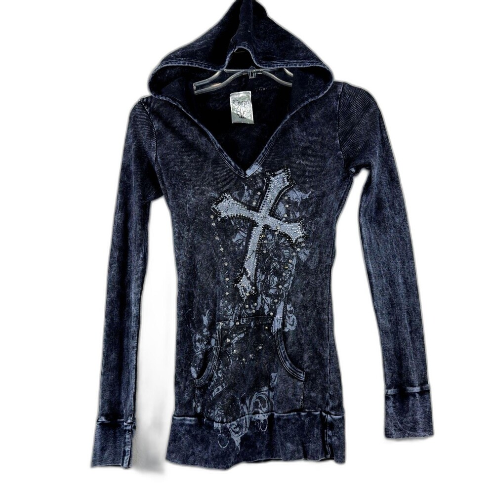 Vocal Womens L Black Mineral Wash Rhinestone Cross Hoodie Long Sleeve Y2K Goth